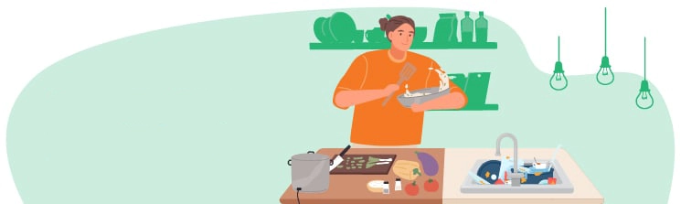 A person preparing dinner in the kitchen using several ingredients while the words check your appliances sits on the left.