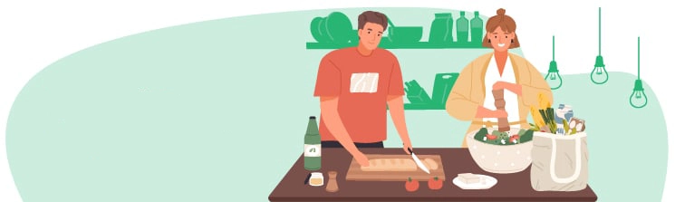 One person makes a salad and another person cuts bread while the words join the community are on the left.