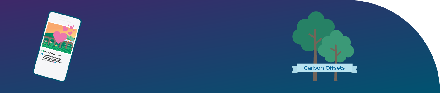 Smartphone on dark blue background next to phrase "Green your trip with carbon offsets" and two trees with banner reading "carbon offsets."