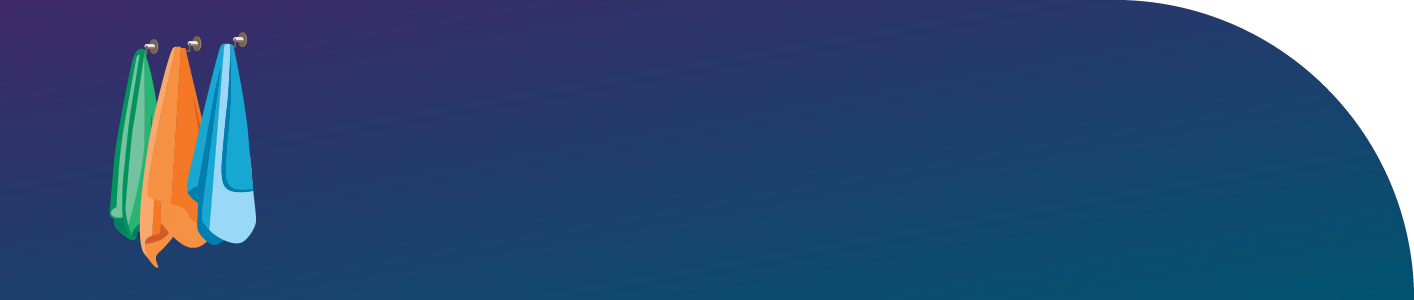 Green, orange, and blue towels on a dark blue background next to the phrase "Turn down the turn-down service."