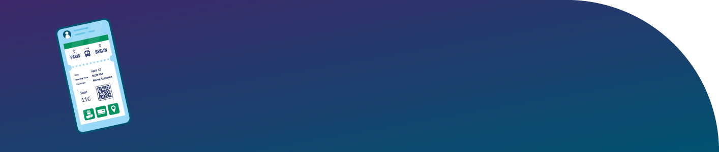 Smartphone with ticket information on dark blue background next to phrase "Use mobile ticketing."