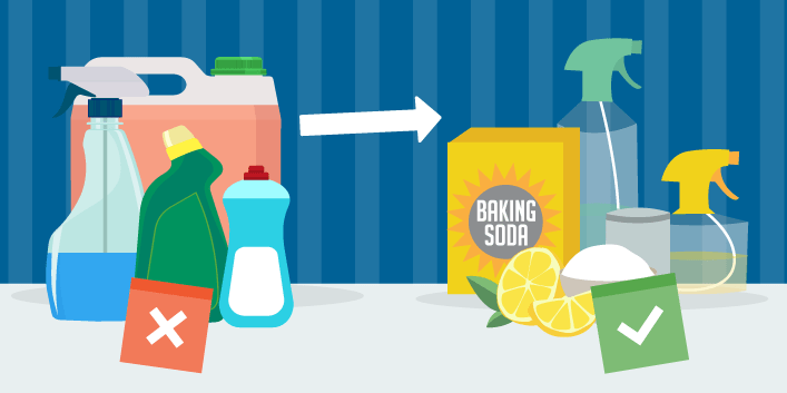 Four cleaning supplies made from heavy chemicals on the left and four cleaning supplies using eco-friendly chemicals on the right.