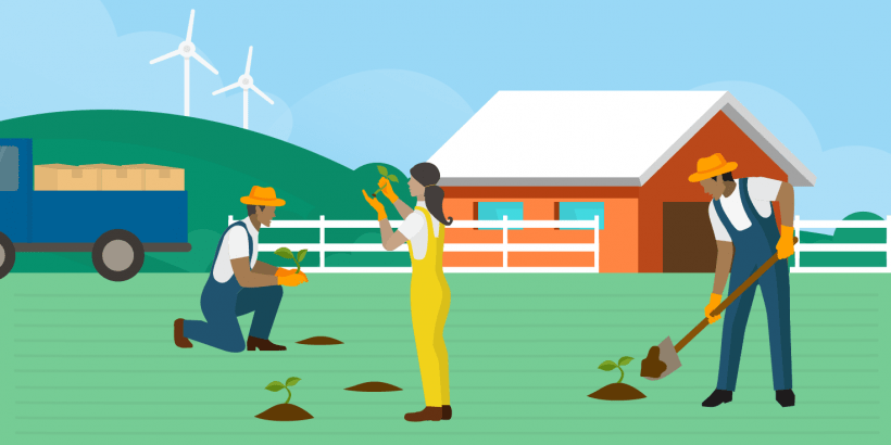 Three farmers work with crops in front of a red barn, blue truck, and wind turbines.