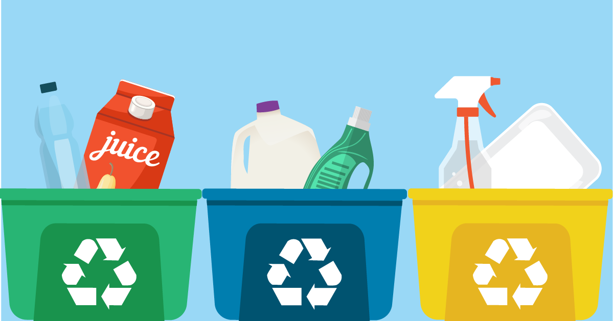 Text reads "For America Recycles Day, we’re talking plastics." Below are four recycling bins in different colors - green, blue, yellow, and red.