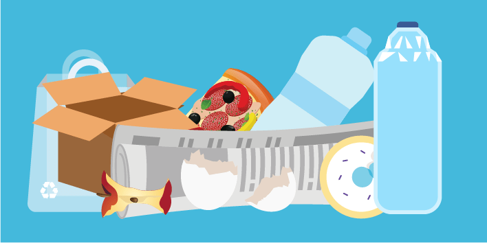 Compostable and recyclable materials such as cardboard box, food, eggshells, bottles, and newspapers.