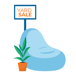 Illustration of a couch and plant with a yard sale sign