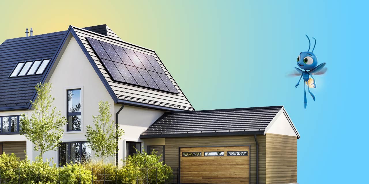 Lucy flying next to a home residence with solar panels