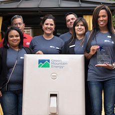 Seven people from AMLI Residential stand with a lightswitch bearing the Green Mountain Energy logo.