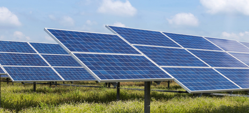 Series of solar panels in bright sunshine on green grass