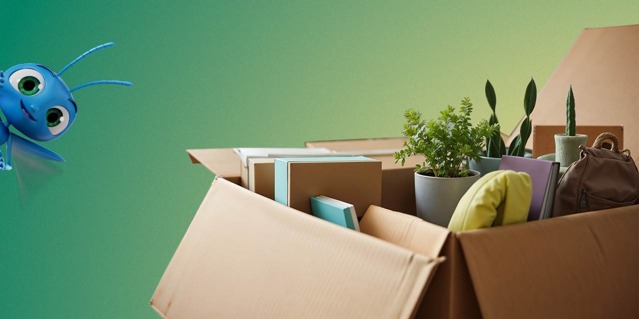 Moving box with Lucy peeking in on the left side